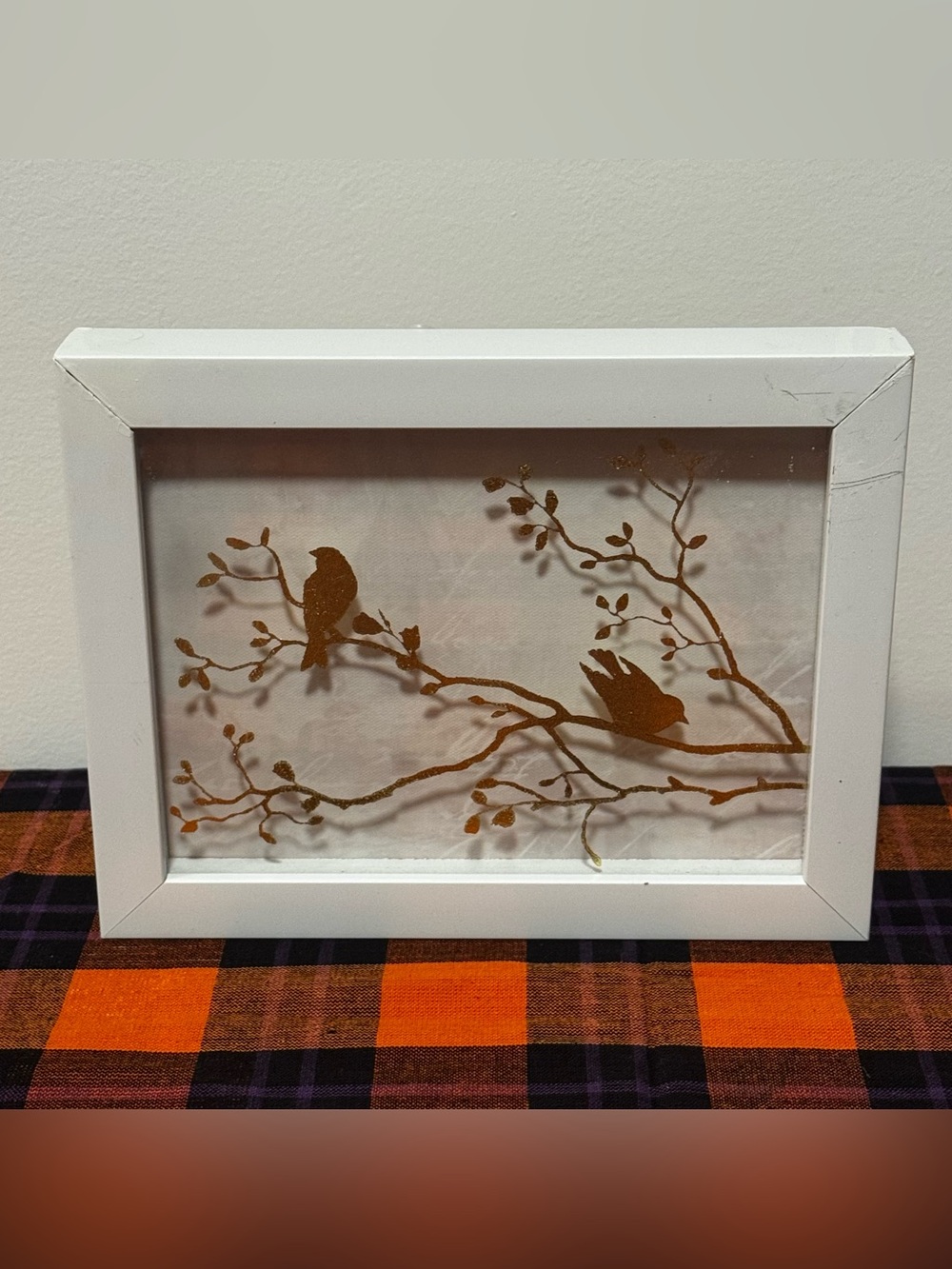 Gold Bird Branch Wall Art Print - White Frame